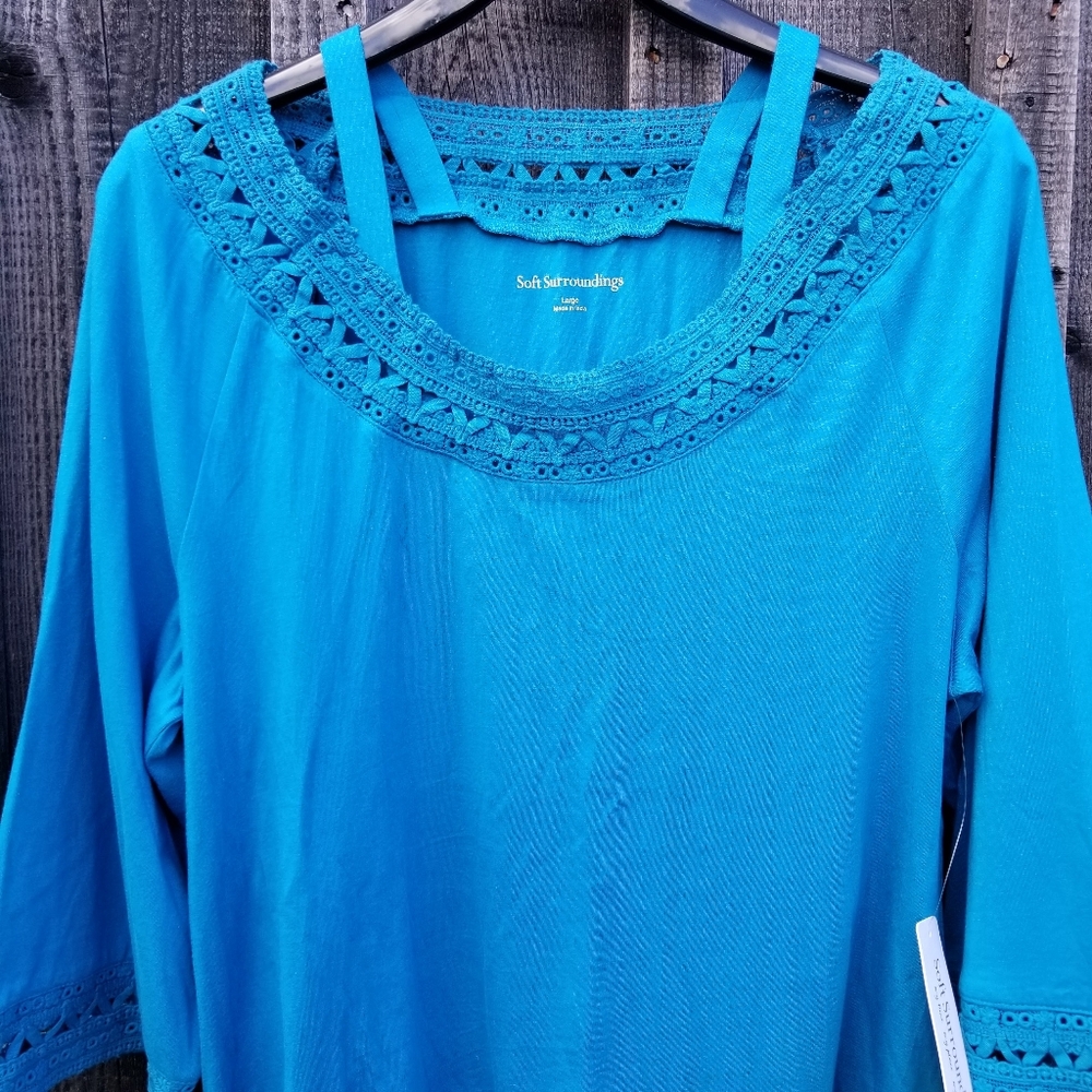 NEW Soft Surroundings Ava Shirt Large 3/4 Sleeve Eyelet Trim Cold Shoulder Top